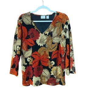 Women's Chico's 3/4 Sleeve V-Neck Lovely Fall Color Floral Blouse Size 2/Large
